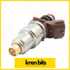 Silver and brass fuel injector with brown plastic connector housing for toyota hilux rzn 3rzfe back side view