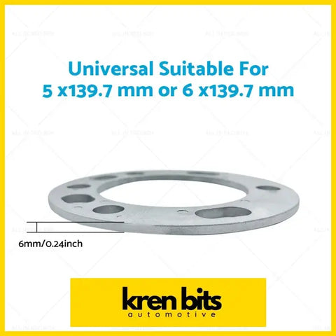 Silver metallic wheel hub adapter ring with six bolt holes for universal 5x139.7 or 6x139.7 wheels by kren bits automotive