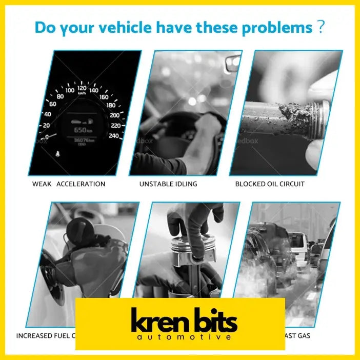 Promotional graphic for kren bits 4x black diesel fuel injectors for toyota hilux hiace showing vehicle issues like weak acceleration