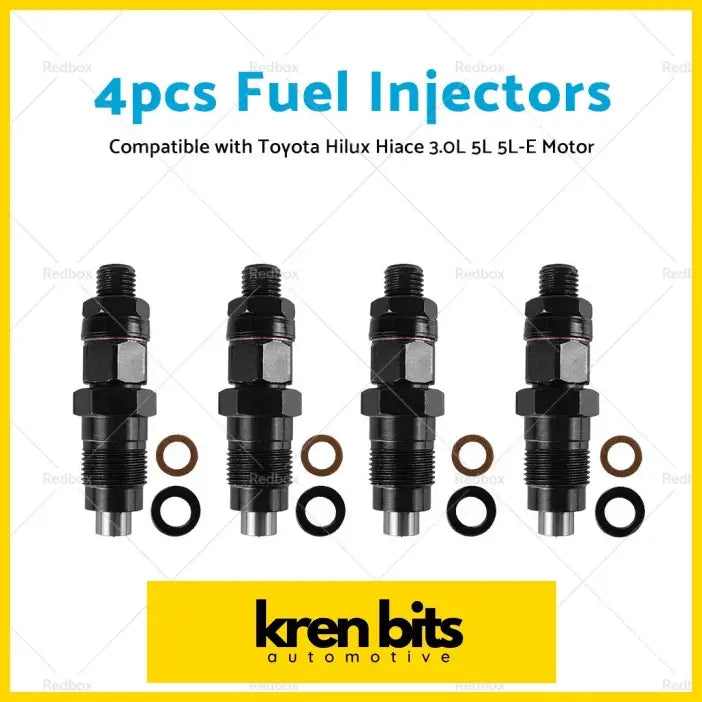 Set of four black diesel fuel injectors with matching seals for toyota hilux hiace 3l and 5l-e engines