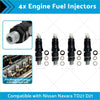Black engine fuel injectors with metallic threaded ends and white caps shown with o-rings for nissan navara td27 2.7l