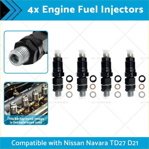 Black engine fuel injectors with metallic threaded ends and white caps shown with o-rings for nissan navara td27 2.7l