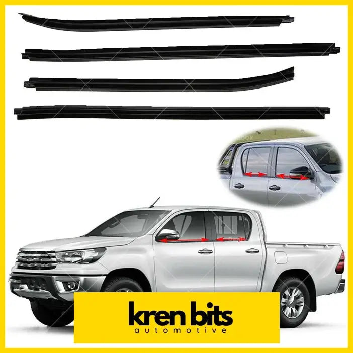 Black rubber side window trim strips for toyota hilux sr5 double cab pickup trucks shown from the back side