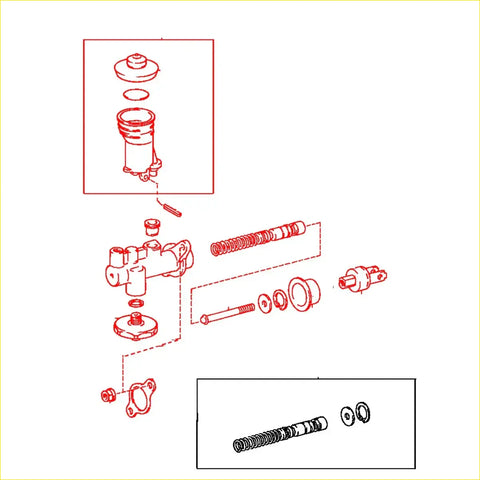 Red line exploded view diagram showing mechanical parts of 5/8 clutch master cylinder for toyota hilux 1972-1978