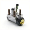 Silver metal 5/8 inch rear wheel brake cylinder with black seals and brass fittings for nissan 720 79-86 back view