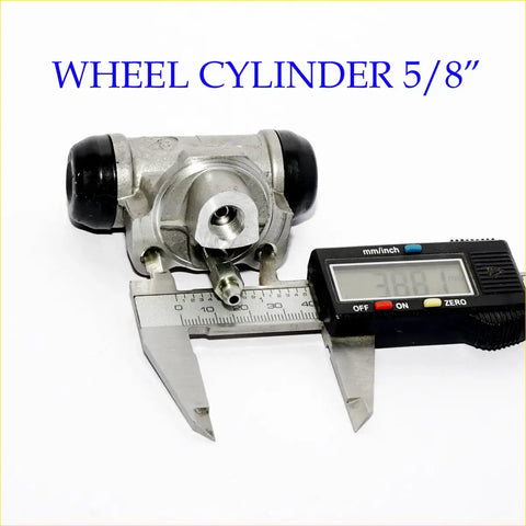 Silver metal 5/8 rear wheel brake cylinder with black rubber caps next to caliper for 89-95 nissan pathfinder terrano
