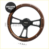 Brown wood-grain 5-bolt vintage mahogany steering wheel with black stripe black metal spokes and sibeke logo center