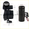 Black cylindrical motorcycle horn with mounting bracket and wiring shown on the back side of 5-inch multifunction tachometer