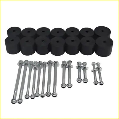 Black rubber 50mm body lift kit wheel spacers with silver metal bolts and nuts fit nissan navara d22 dual cab tray