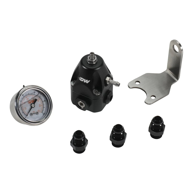 Deatschwerks DWR1000c Adjustable fuel pressure regulator + pressure gauge + (2) 6AN feed & (1) 6AN return fittings, anodized black. Universal fitment