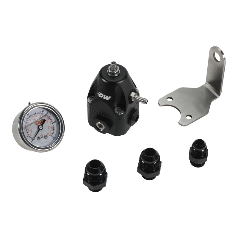 Deatschwerks DWR1000c Adjustable fuel pressure regulator + pressure gauge + (2) 8AN feed & (1) 6AN return fittings, anodized black. Universal fitment
