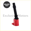 Red and black ignition coil pack with cylindrical body and threaded top for ford ba bf falcon 2002-2008 engine connection
