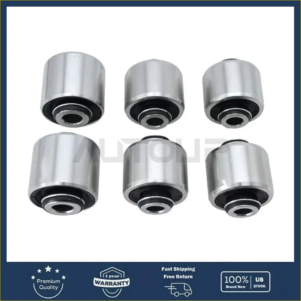 Six metallic silver suspension knuckle bushings with black rubber inserts for jeep cherokee 2014 to 2018 arranged in rows