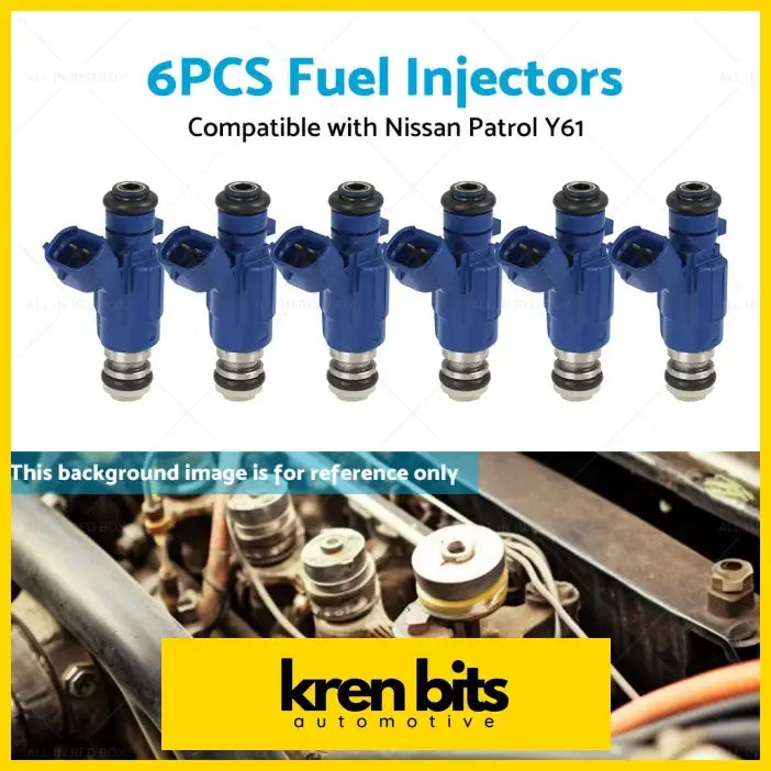 Six blue fuel injectors made for nissan patrol y61 tb48de and rb25det engines shown from the back side