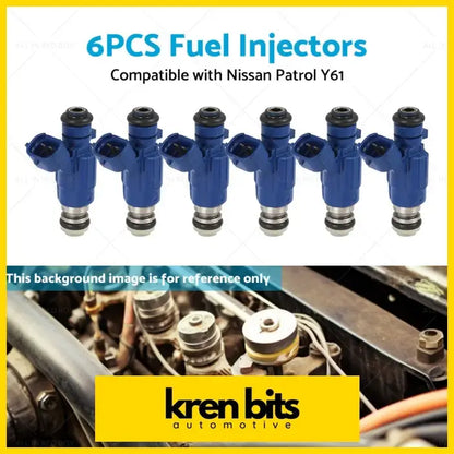 Six blue fuel injectors made for nissan patrol y61 tb48de and rb25det engines shown from the back side
