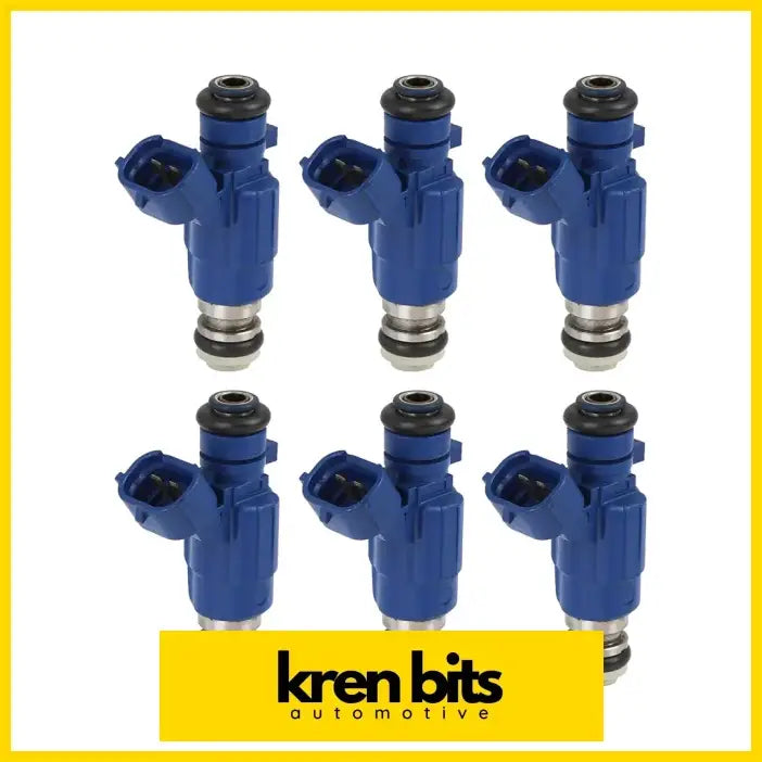 Six blue fuel injectors with black rubber seals and metal fittings for nissan patrol y61 tb48de rb25det arranged in two rows