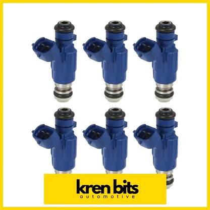 Six blue fuel injectors with black rubber seals and metal fittings for nissan patrol y61 tb48de rb25det arranged in two rows