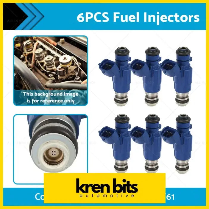Six blue fuel injectors with metallic fittings and black seals by kren bits for nissan patrol y61 and tb48de engines