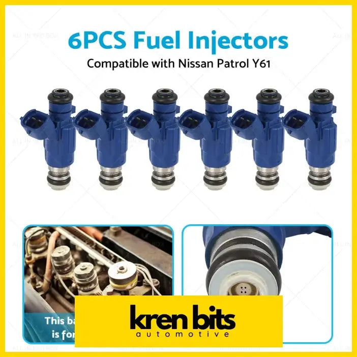 Six blue fuel injectors compatible with nissan patrol y61 tb48de rb25det shown from the back side