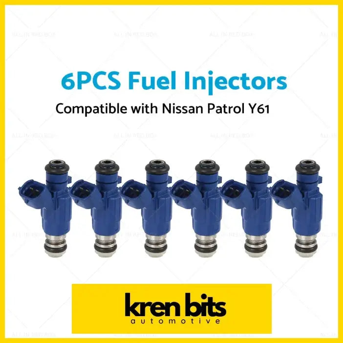 Six blue fuel injectors made for nissan patrol y61 tb48de rb25det engines shown from front angle