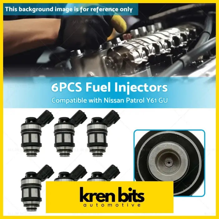 Set of six black and silver fuel injectors made for nissan patrol gu y61 4.5l 1997 to 2001 models