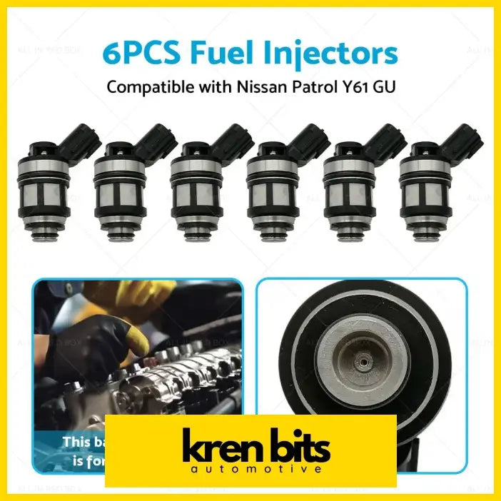 Six black and silver fuel injectors made of metal for nissan patrol gu y61 4.5l 1997-2001 shown from the back side