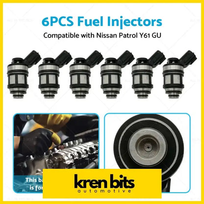 Six black and silver fuel injectors made of metal for nissan patrol gu y61 4.5l 1997-2001 shown from the back side