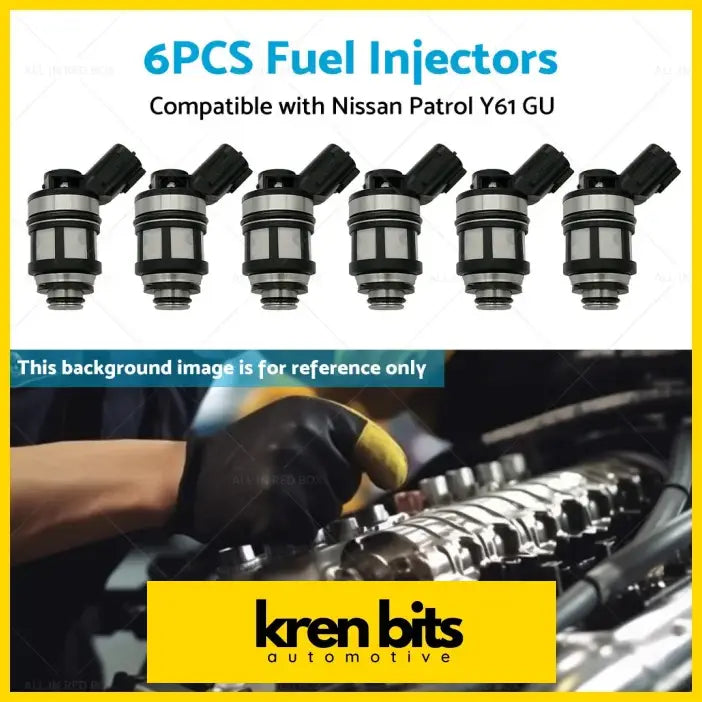 Six black and silver fuel injectors made of metal for nissan patrol gu y61 4.5l 1997-2001 shown from the front side