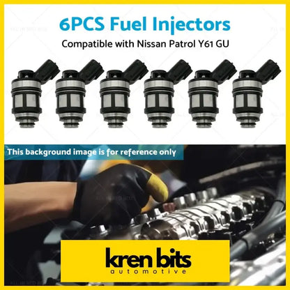 Six black and silver fuel injectors made of metal for nissan patrol gu y61 4.5l 1997-2001 shown from the front side