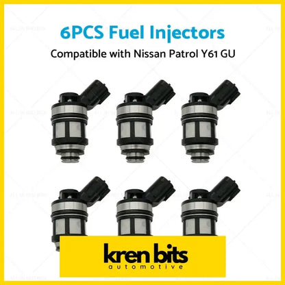 Six black and silver fuel injectors with cylindrical body and threaded base for nissan patrol gu y61 4.5l 1997-2001