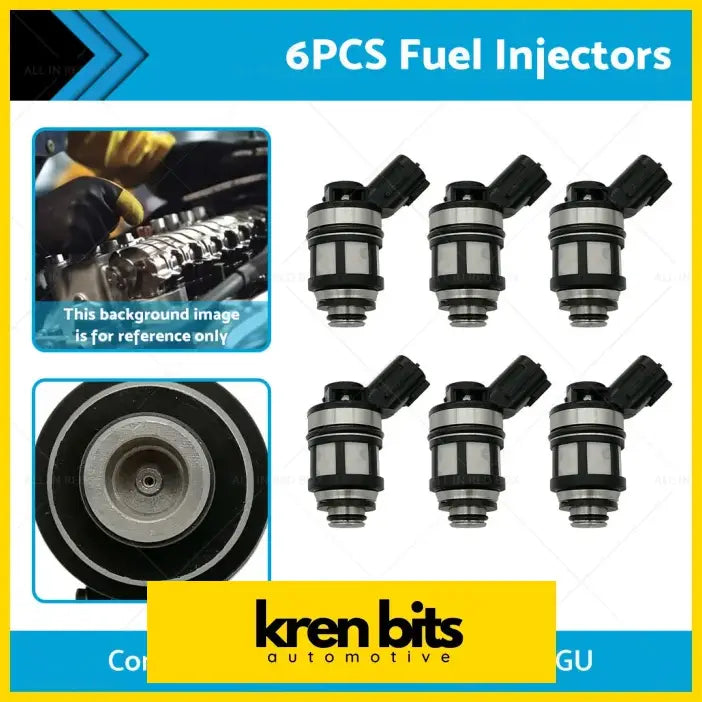 Six black and metallic fuel injectors with cylindrical bodies and connectors for nissan patrol gu y61 4.5l 1997-2001