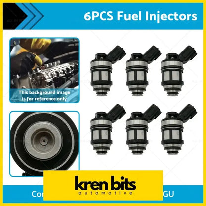 Six black and metallic fuel injectors with cylindrical bodies and connectors for nissan patrol gu y61 4.5l 1997-2001