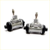 Silver metallic 7/8 rear wheel brake cylinder with black rubber seals and threaded fittings for nissan navara d21