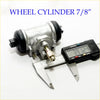 7/8 rear wheel brake cylinder for Nissan Navara d21 with silver metal body and black rubber boots shown with caliper measurement