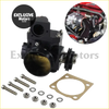 Black 70mm alloy throttle body with gold interior shown with mounting hardware for Mitsubishi Evolution VII-IX 4G63 turbo