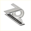 70th anniversary emblem pair featuring silver metallic 20th anniversary design with black lettering on polished chrome base