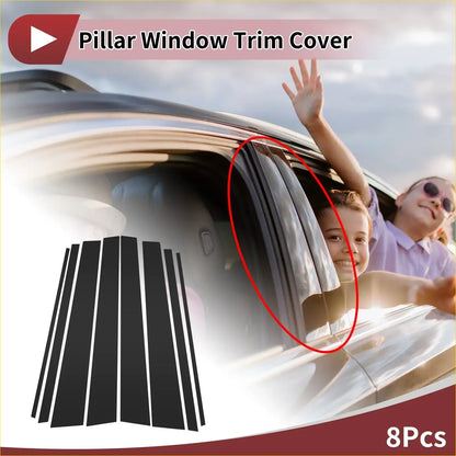 Black pillar window trim cover installed on toyota prado with kids waving from passenger side car window