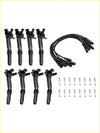 Black ignition coil spark plug kit with matching black wires for ford f150 model uf631 uf639 shown from front view