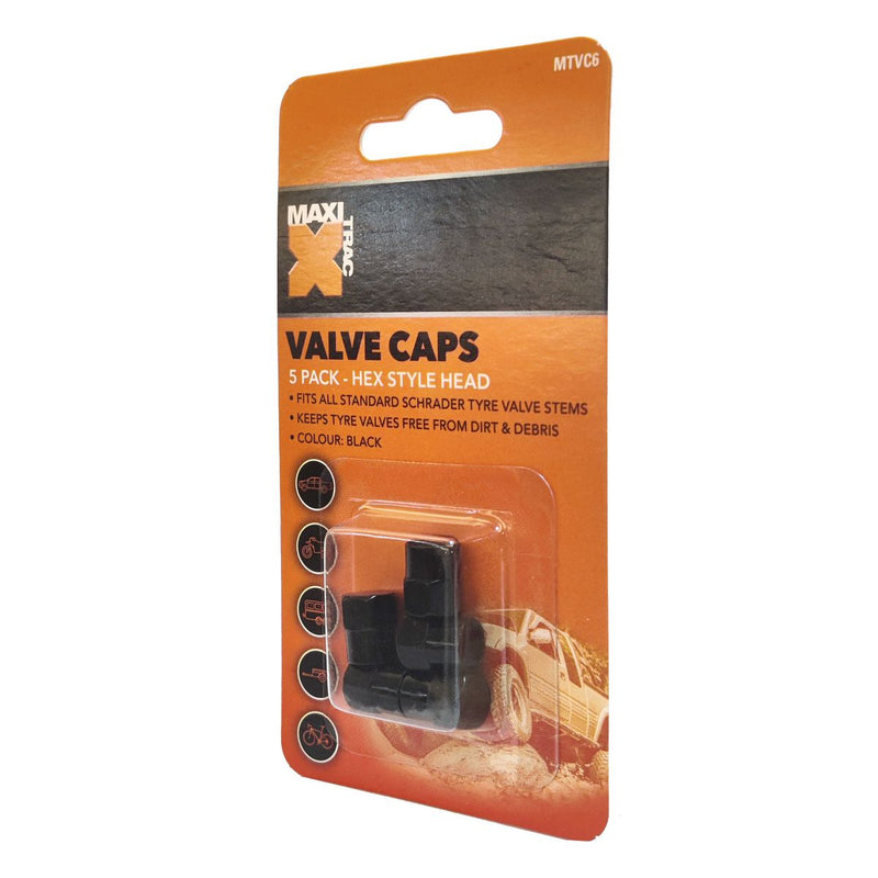 Maxi Trac Hexagon Black Valve Caps 5 Pack MTVC6