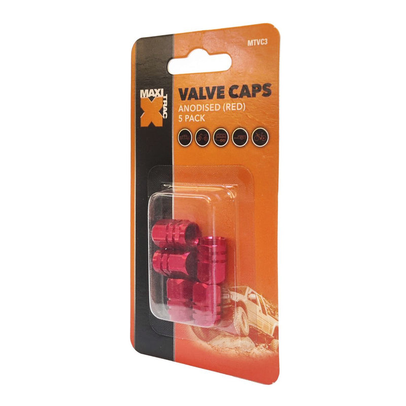 Maxi Trac Anodised Hex Red Valve Caps 5 Pack MTVC3