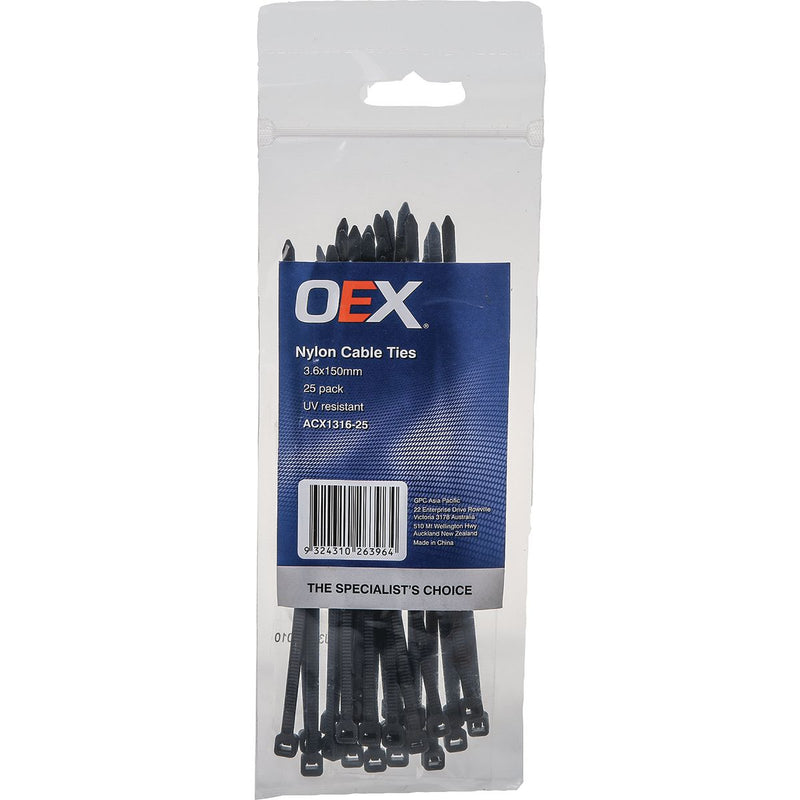 OEX Black Nylon Cable Ties - 3.6mm X 150mm - 25 Pc