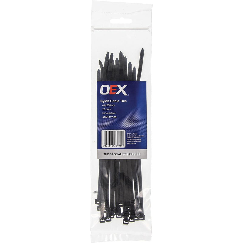 OEX Black Nylon Cable Ties - 4.8mm X 200mm - 25 Pc