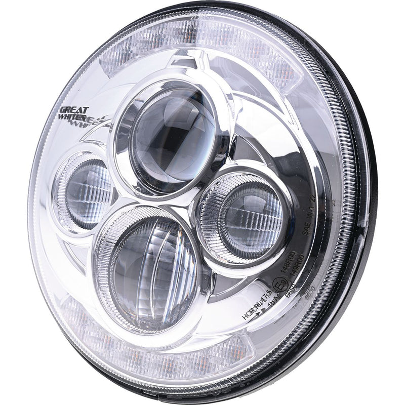 Great Whites LED Headlight Hi/Low + Strobe Chrome