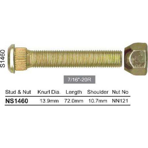 Nice Wheel Stud & Nut 7/16" 72mm NS1460
