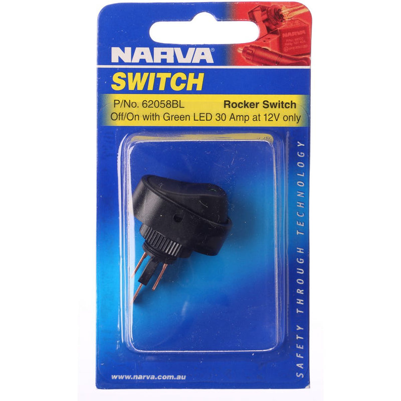 Narva Rocker Switch 30 Amp 12V Green LED 62058BL