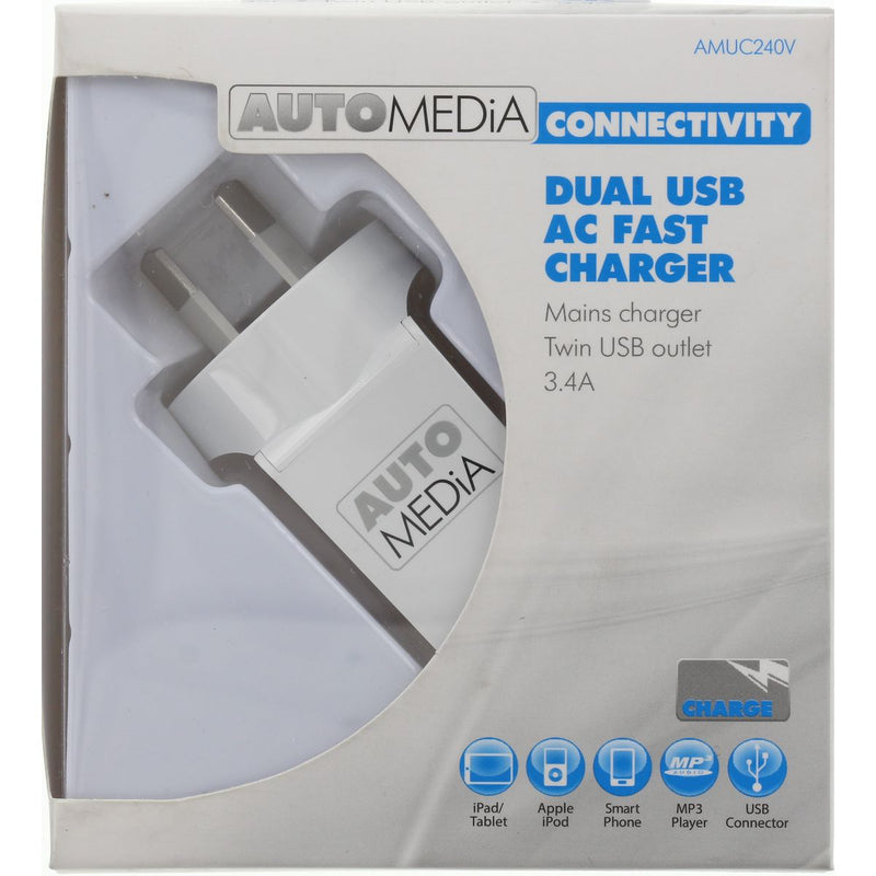 Automedia AC/DC Phone Charger Dual USB Ports AMUC240V