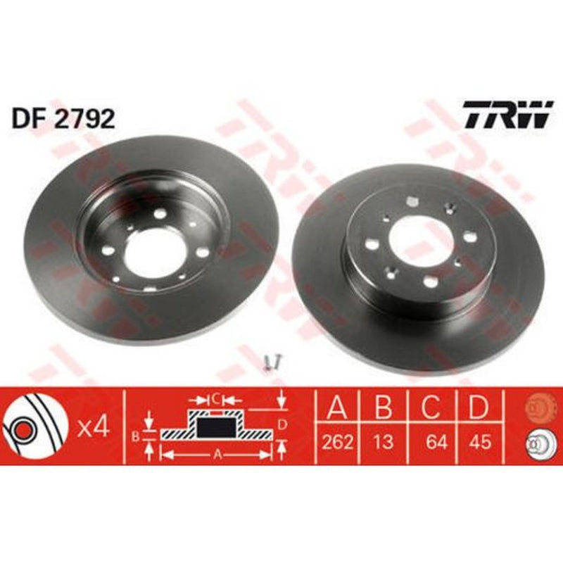 TRW Brake Rotor Pair 262mm Rear DF2792S