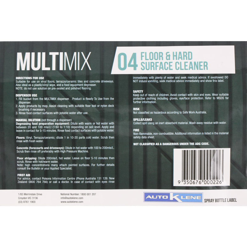 Auto Klene MultiMix 04 Spray Bottle Label MM4LABEL