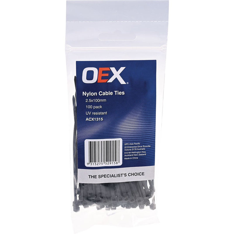 OEX Nylon Cable Ties 2.4mm x 100mm Black 100 Pack ACX1315