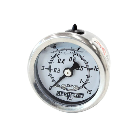 Aeroflow 1 1/2" 0-15 PSI Liquid Filled Pressure Gauge - White Face/Black Pointer